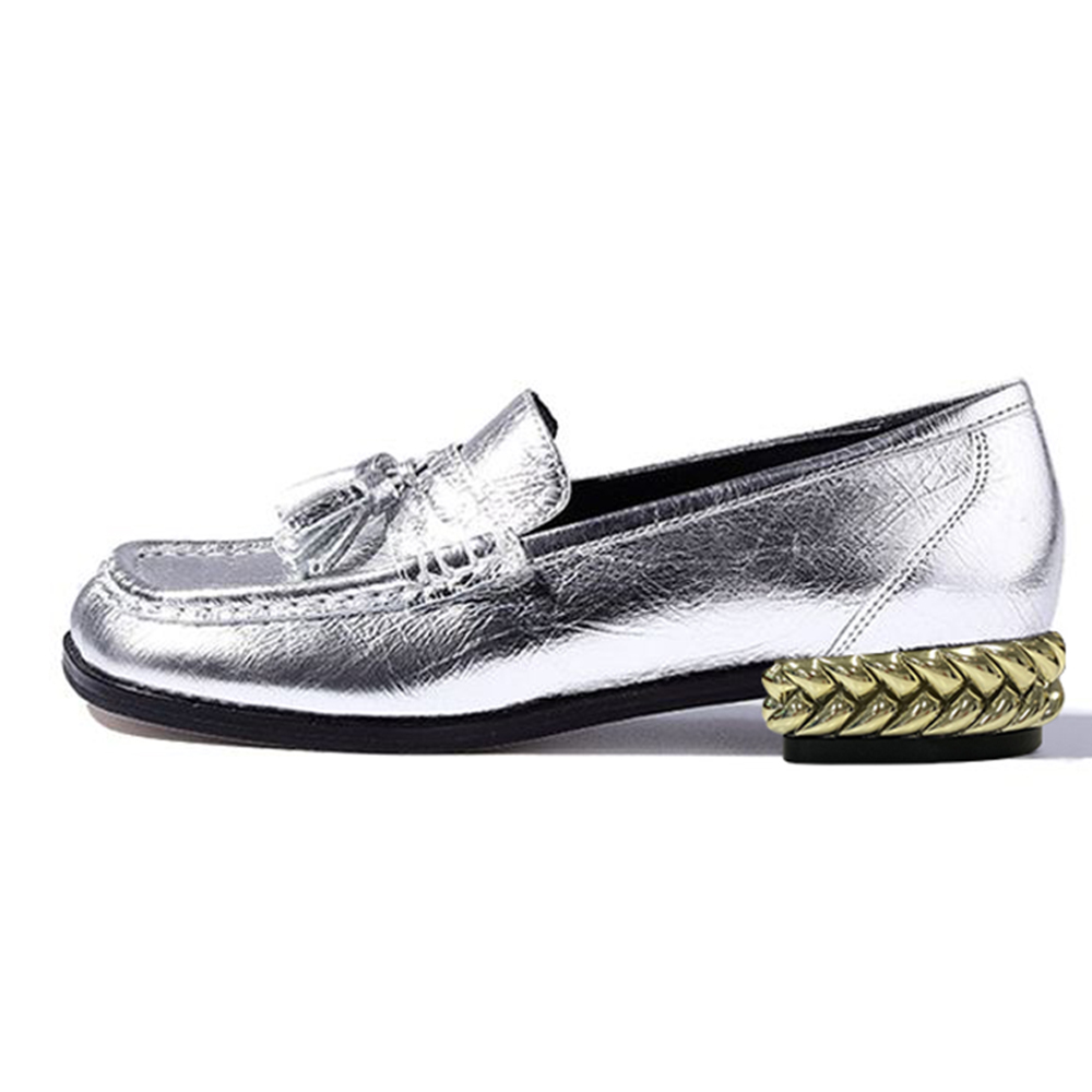 Silver Square Toe Chunky Heel Formal Loafers Nicepairs