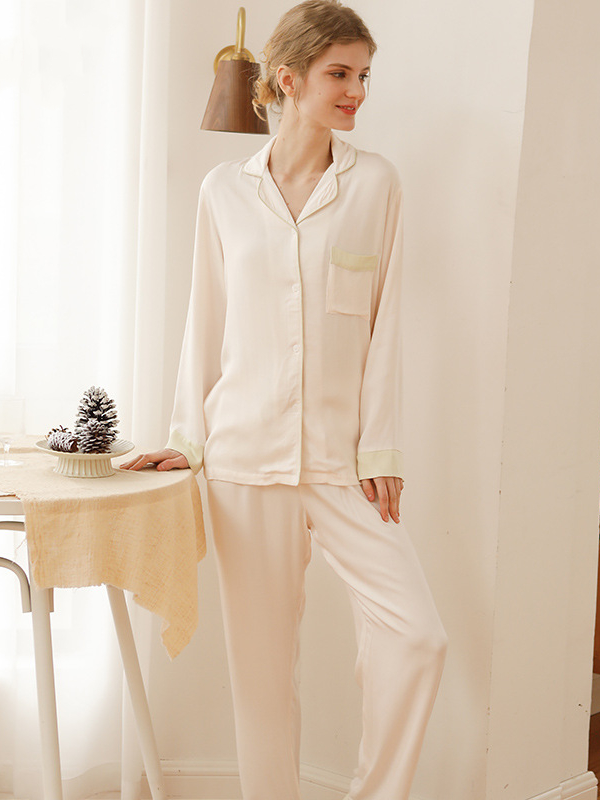 Simple Regular Fit V Neck Plain Long Sleeve Pajama Set