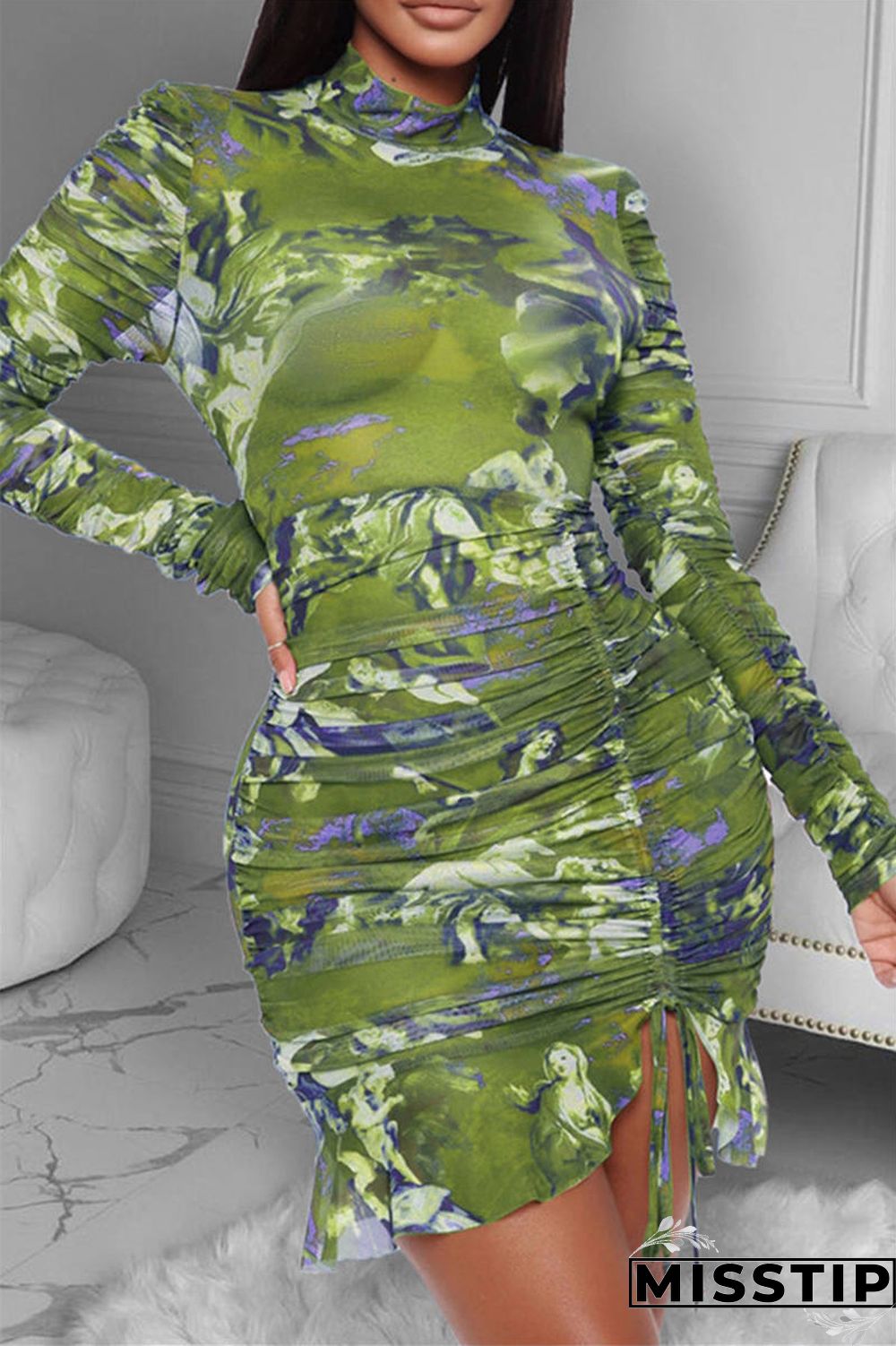 Blue Sexy Sleeve Long Sleeve Half A Turtleneck Asymmetrical Mini Print Dresses