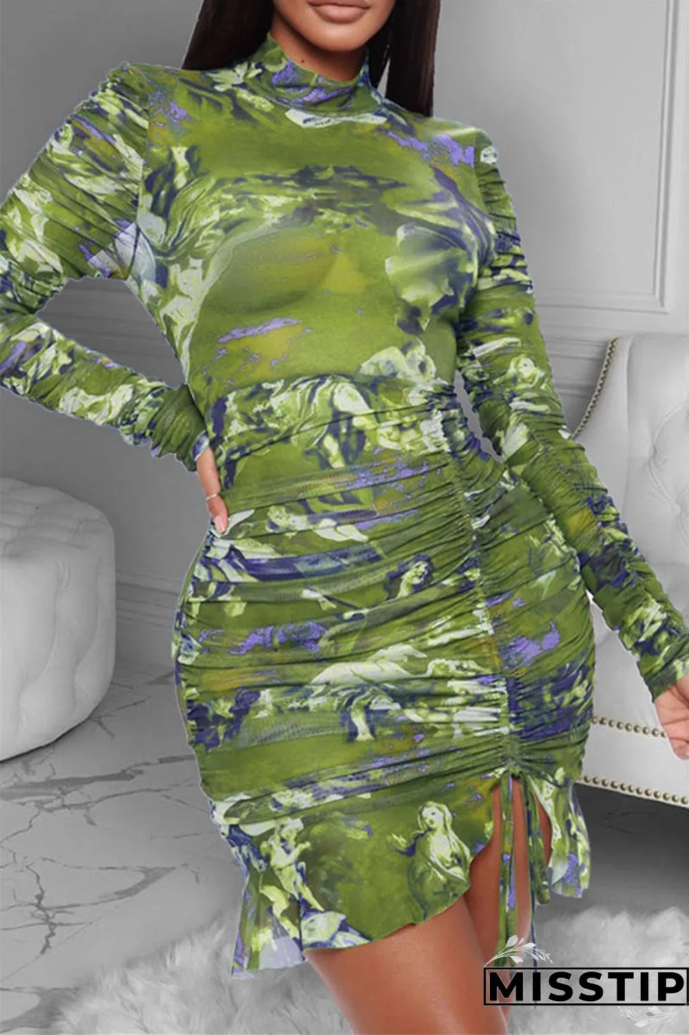 Blue Sexy Sleeve Long Sleeve Half A Turtleneck Asymmetrical Mini Print Dresses