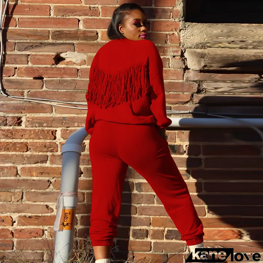 Solid Fleece Tassel Sweatshirt Pants 2 Piece Sets