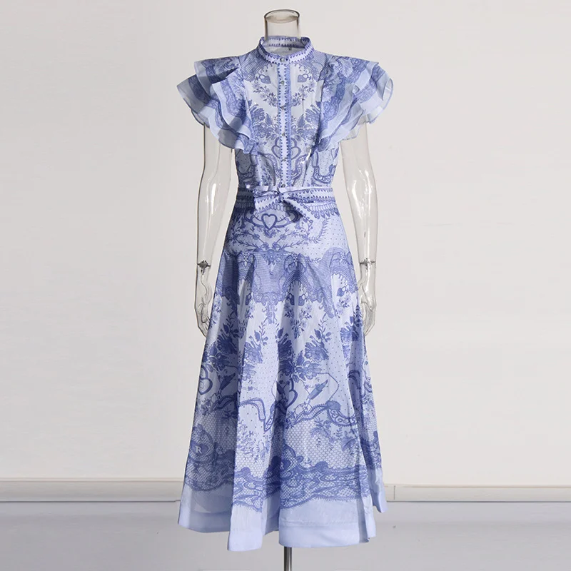 Brownm Fashion Printed Dress Women's Spring 2025 New Korean Casual High-Sleeve High-Rise Half-Senior Dress