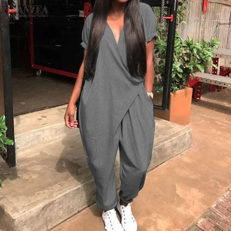 2022 ZANZEA Casual Harem Pants Women's Jumpsuits Fashion V Neck Button Playsuits Female Short Sleeve Romepers  Overalls