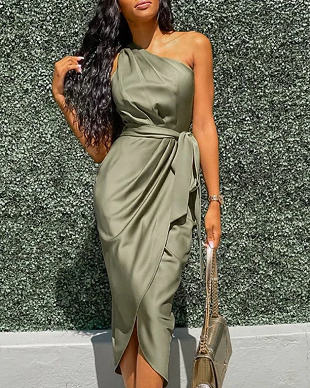 Women's Wrap Dress Midi Dress Sleeveless Solid Color Spring & Summer Hot Sexy Army Green