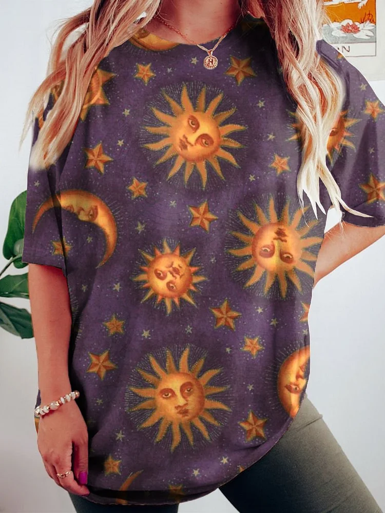 Women's Sun And Moon Art Print Crew Neck Causl Shirt