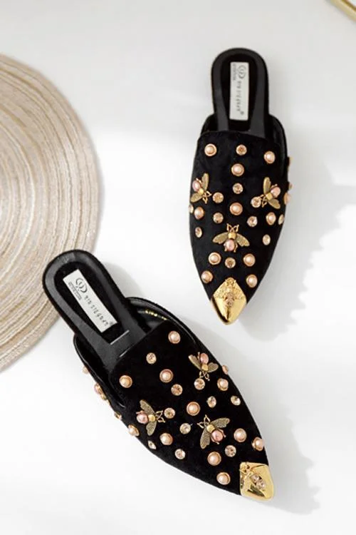 Metal Pearl Bee Mules Flats
