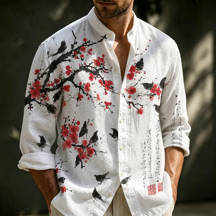 Men's Vintage Japanese Floral Bird Art Linen Shirts