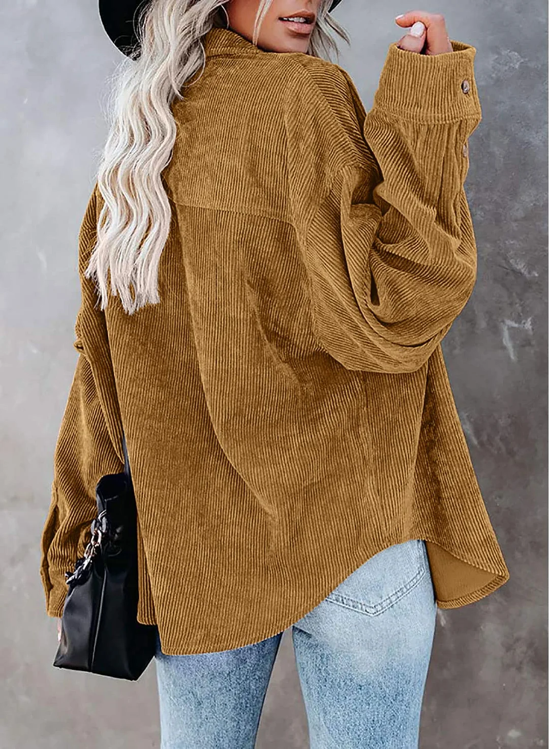 MIHOLL Women Corduroy Long Sleeve Button Down Collared Shirt Jacket Tops