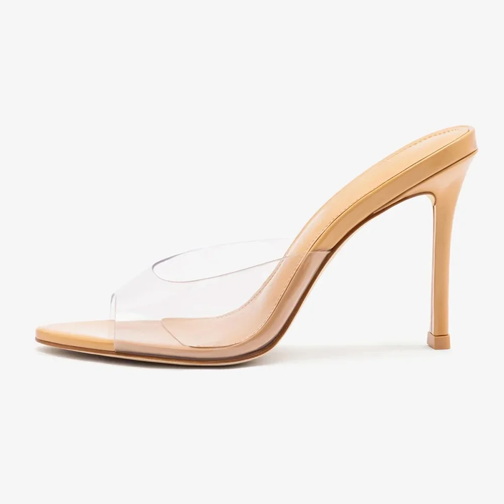Simple Nude Open Toe Slip-On Stiletto Heel Clear Slide Sandals