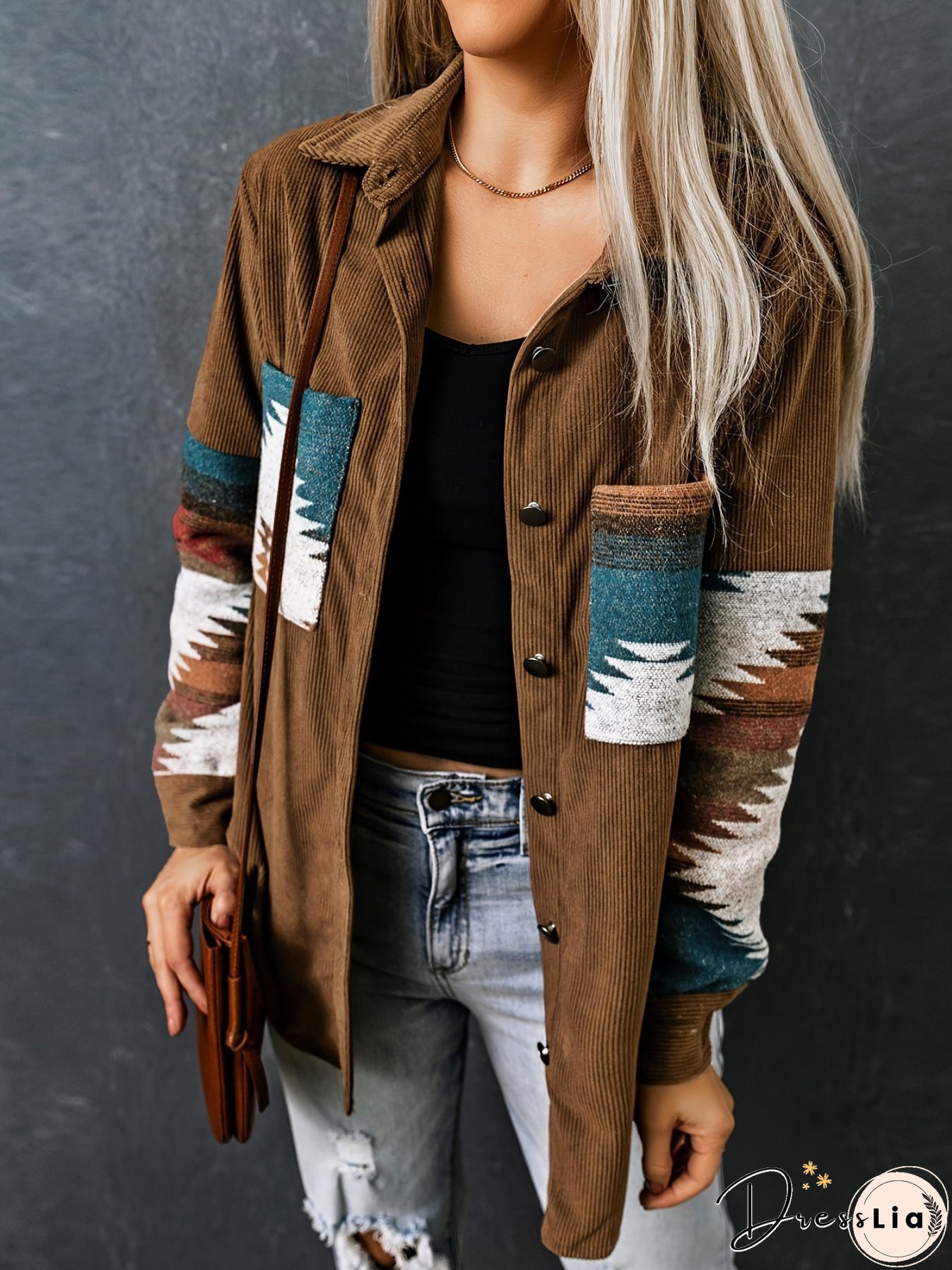 Aztec Pattern Color Block Jacket, Vintage Patched Pocket Corduroy Outwear For Fall & Winter, Women's Clothing