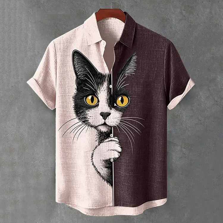Men's  The Peeping Cat Colorblock Art Casual Short Sleeve Shirts