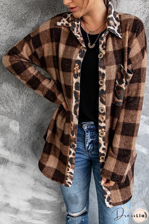 Meridress Button Down Pocket Leopard Splice Plaid Coat