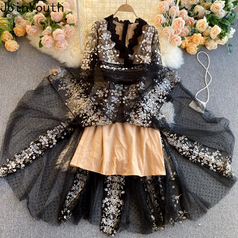 Nigikala Elegant Party Dress Women Evening Dresses Floral Embroidery Lace Gauze Woman Dress Long Robe Fashion V Neck Vestidos