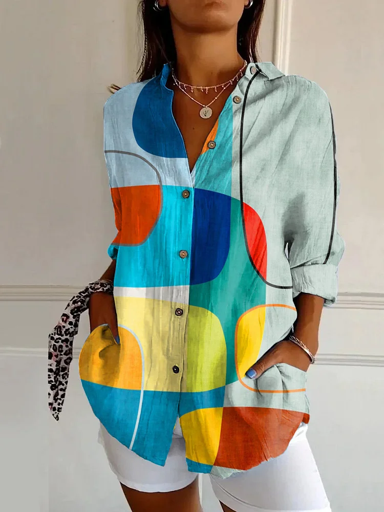 Vintage Abstract Art Print Casual Long-sleeved Shirt
