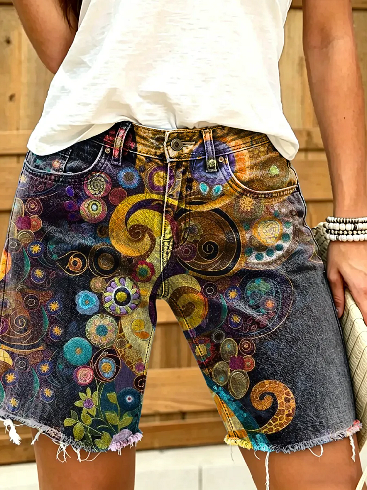 Women's Bohemian Geometric Art Print Mid-Length Denim Bermuda Shorts with Frayed Hem