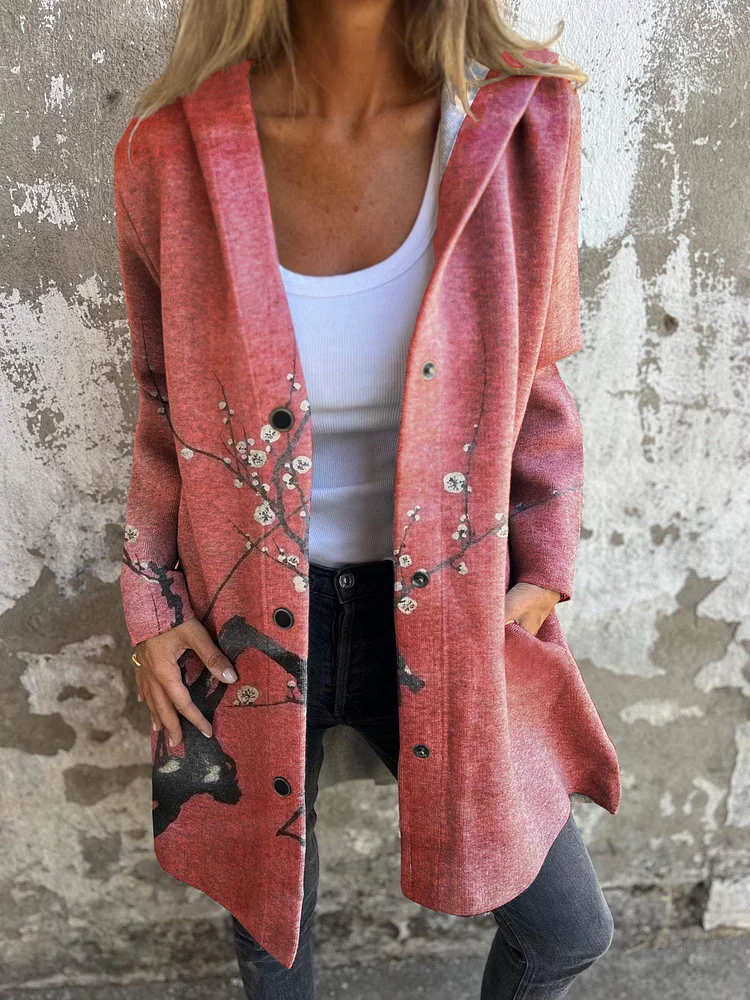 Japanese Retro Cherry Blossom Print Long-sleeved Hooded Jacket