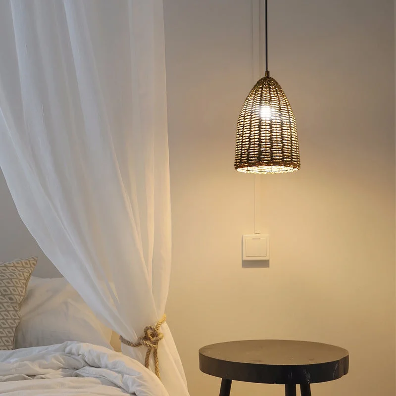 Rattan Bell Pendant Light Rustic Hanging Lampshade For Bedroom