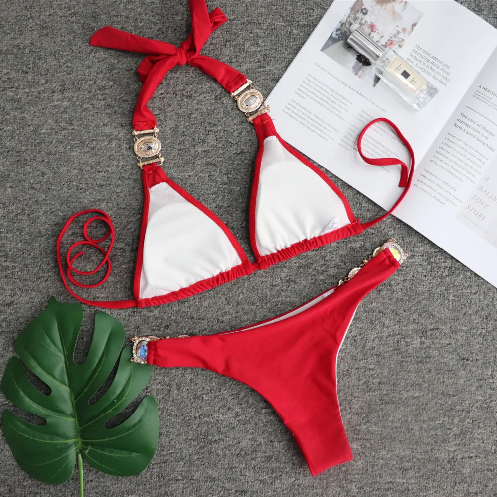 Uveng Uveng 2023 New Sport Bikini Sexy Crystal Diamond Bandage Red Split Female Swimsuit
