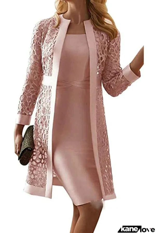 Formal Knee Length Dress with Lace Cardigans Sets