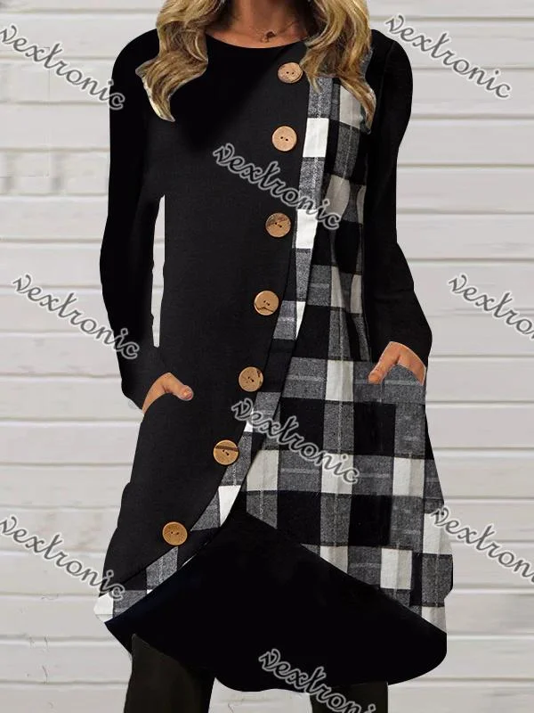 Women Long Sleeve Scoop Neck Plaid Button Midi Dress