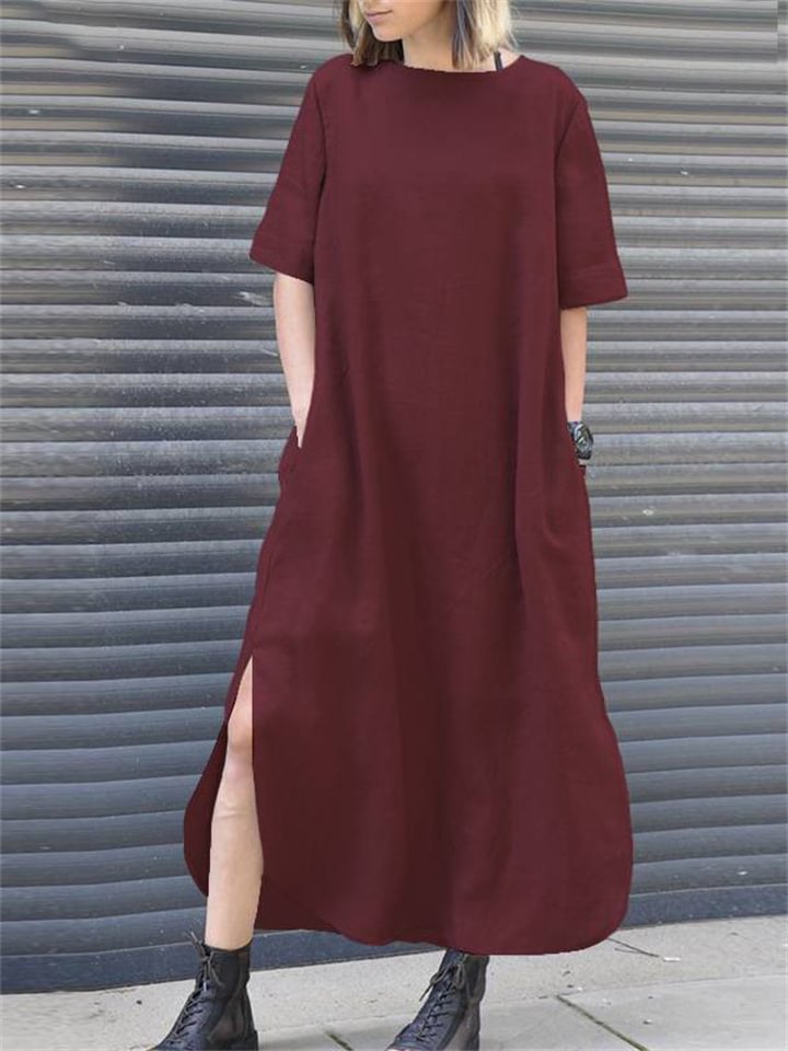 Elegant Wind Cotton Linen Solid Color Round Neck Summer Irregular Dresses -vasmok