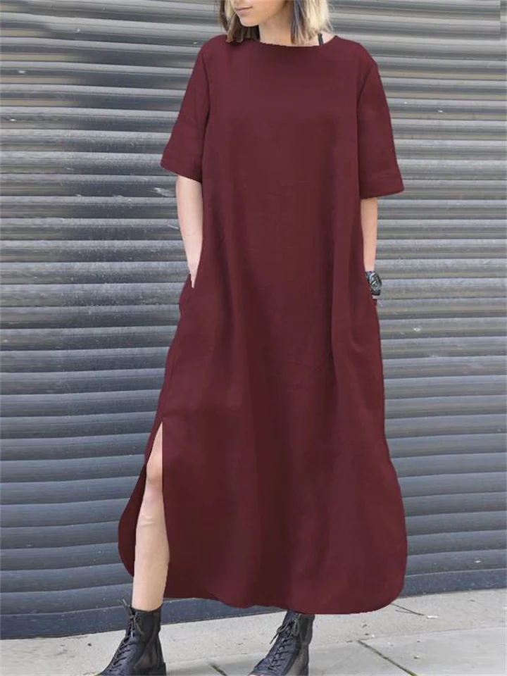 Elegant Wind Cotton Linen Solid Color Round Neck Summer Irregular Dresses