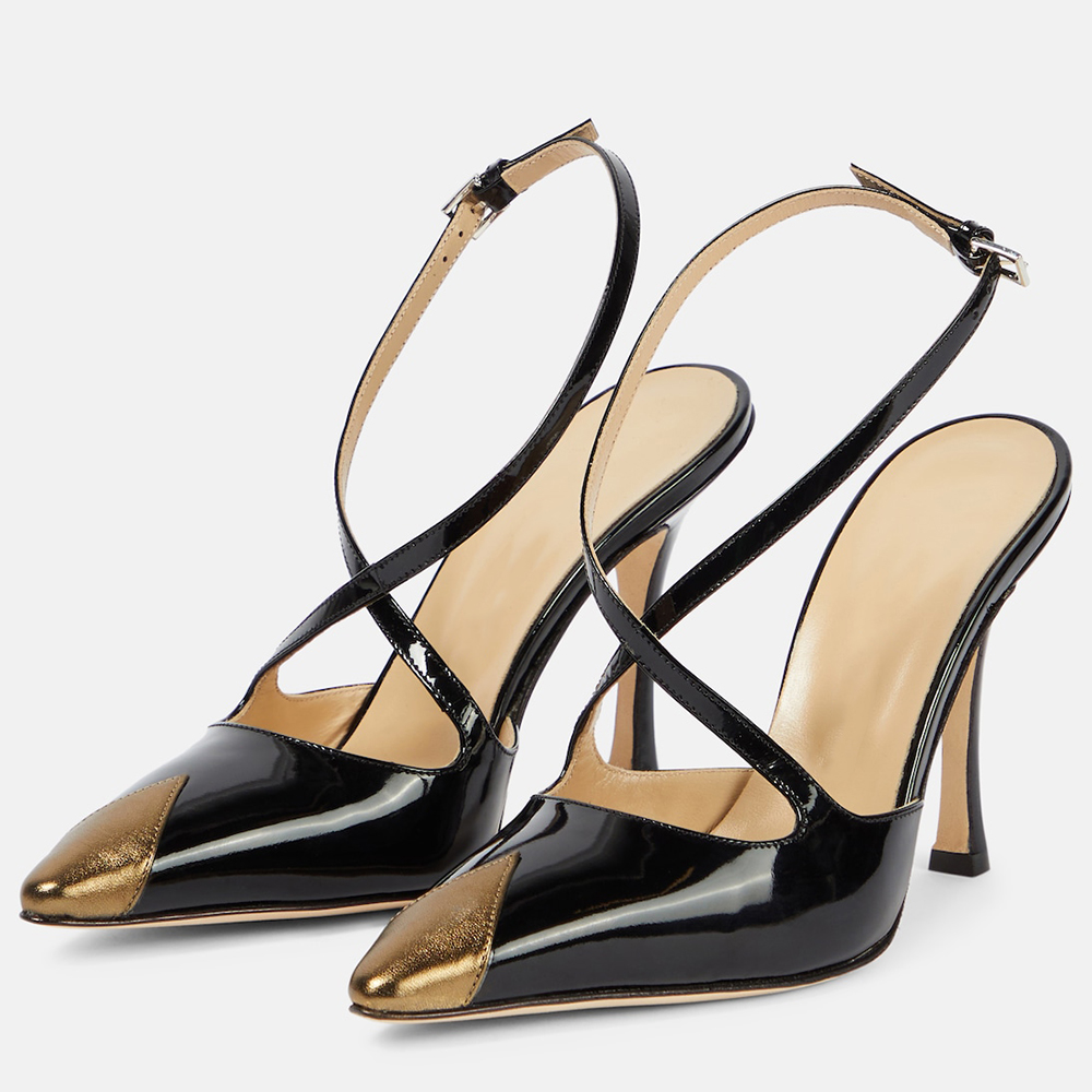 Black Patent Leather Closed Toe 4'' Stiletto Heel Strappy Pumps Nicepairs
