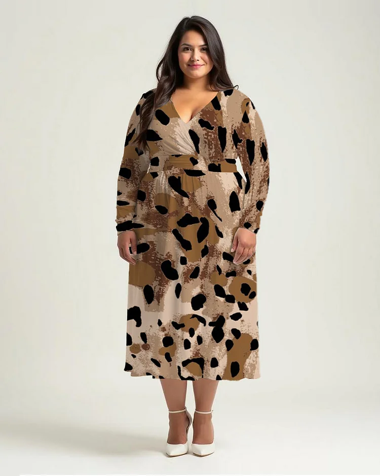 Leopard Print V-Neck Long Sleeve Casual Dress