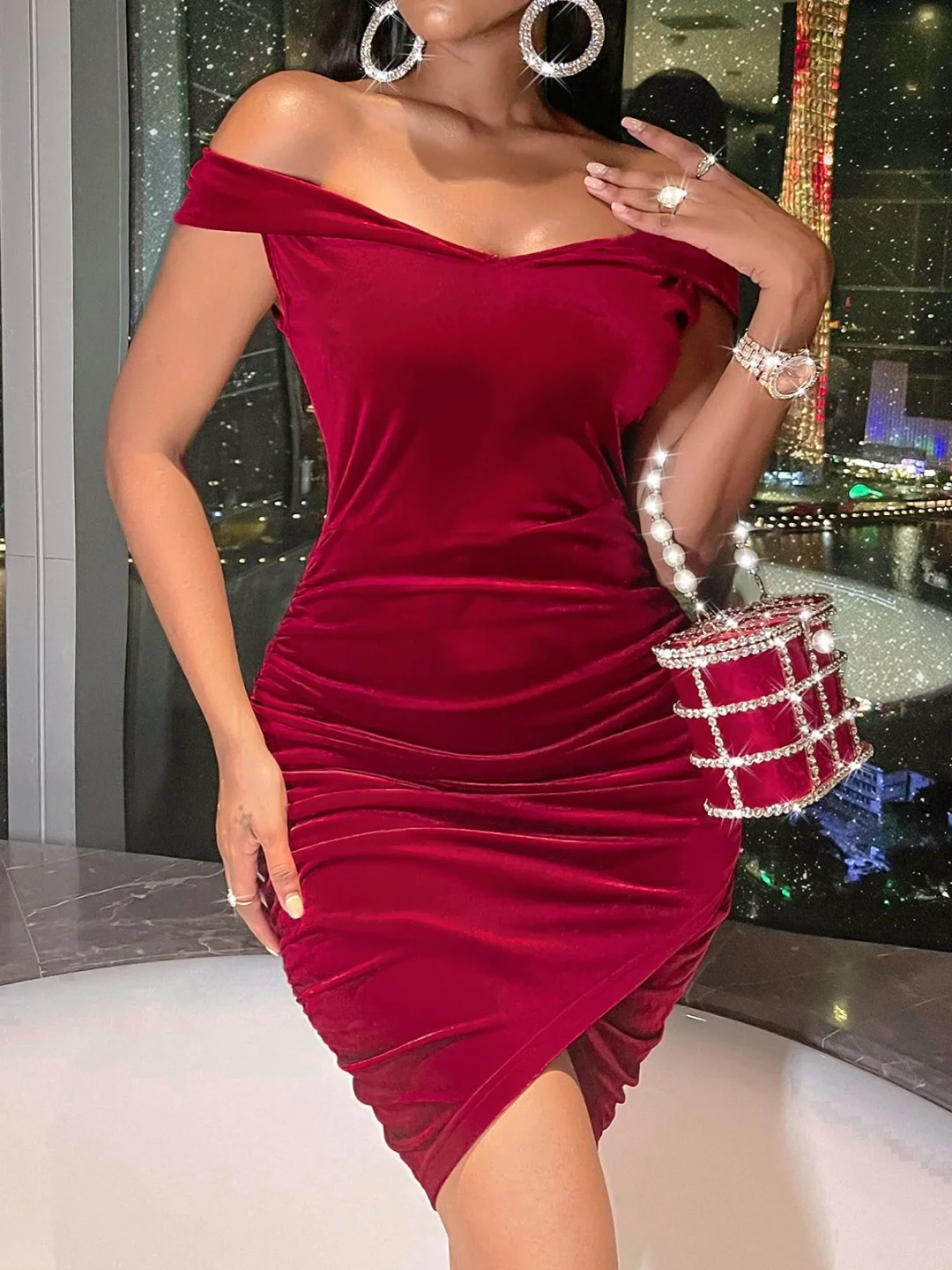 Off shoulder red mini party dress-zachics