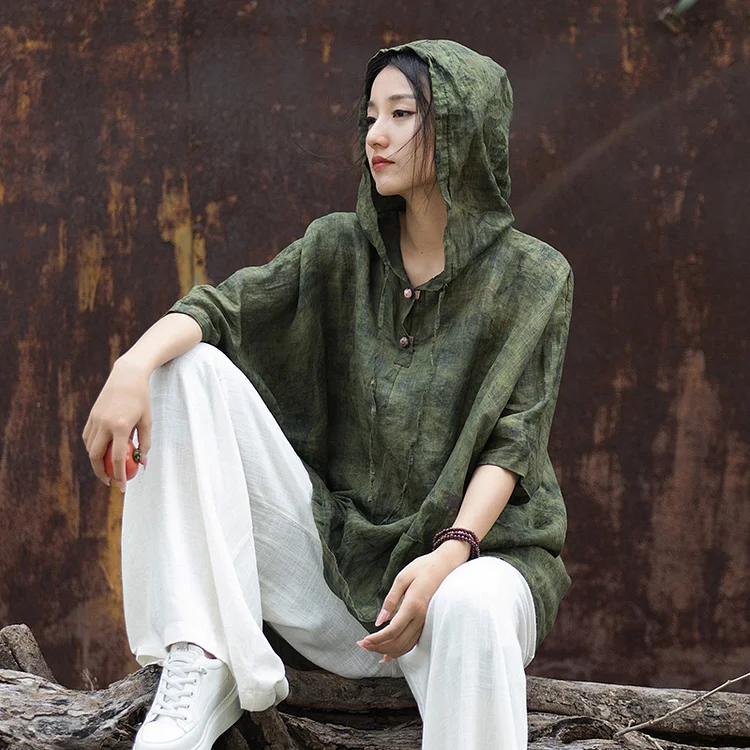 Classic Ramie Button Hooded Short Sleeve Top - yankia