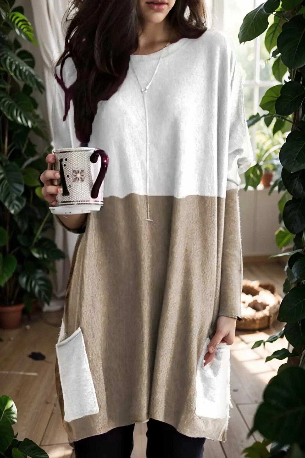 two color stitching pocket loose long sleeve t shirt