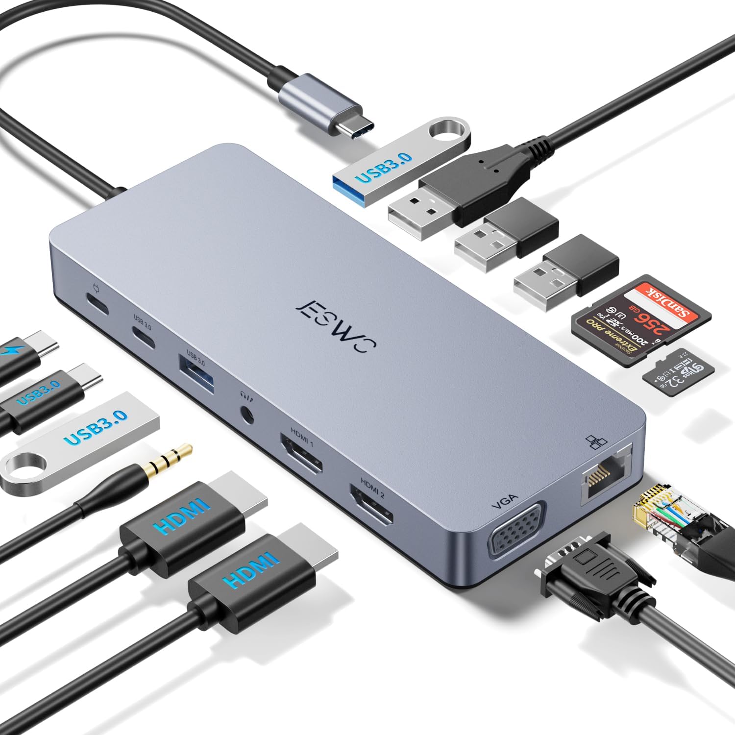 JESWO Docking Station Dual Monitor 14-in-1 USB C Hub with 3 Displays, Thunderbolt 3/4 Dock Multiport Adapter to 2 HDMI, VGA,Ethernet,6 USB A/C 3.0 Ports,100W PD,Audio,SD/TF, for MacBook Dell HP Laptop