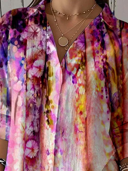 Women 3/4 Sleeve Shirt Collar Striped Printed Graphic Button Tops