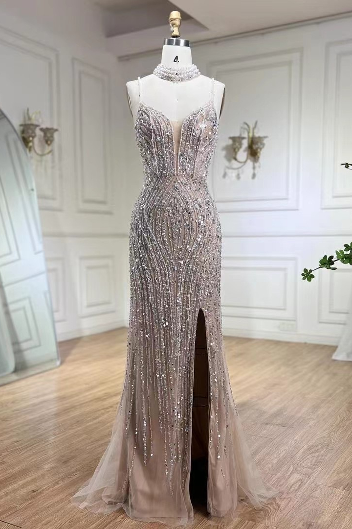 Bellasprom Nude Spaghetti-Straps Sleeveless Mermaid Prom Dress Beadings Long With Pearls Chocker Bellasprom