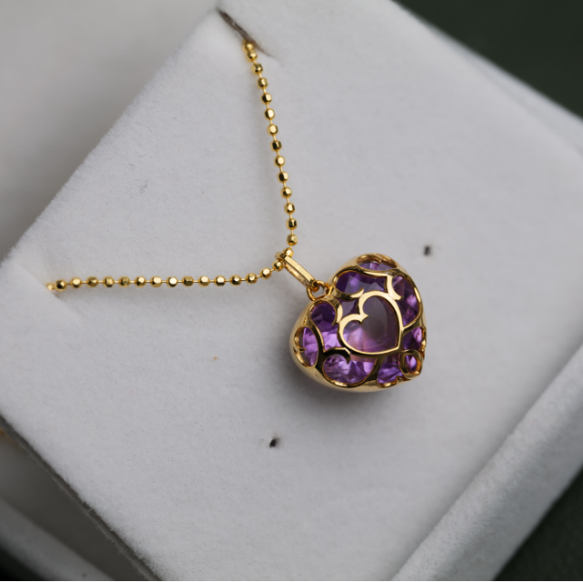 ☆TATIANA☆ Silver 925 Under Heart Gemstone Necklace NZ2148 Estate Judith Ripka Purple Garnet Heart & Cubic Zirconia