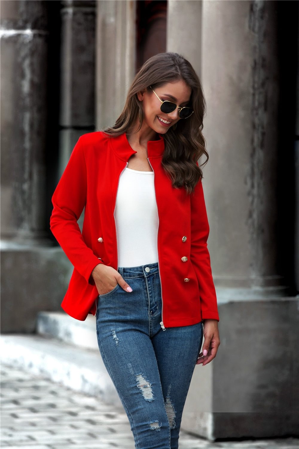 2020 Autumn New Elegant Red Jacket Women Stand Collar Long Sleeve Jackets Zipper Tops Famale Streetwear Basic Short Coat