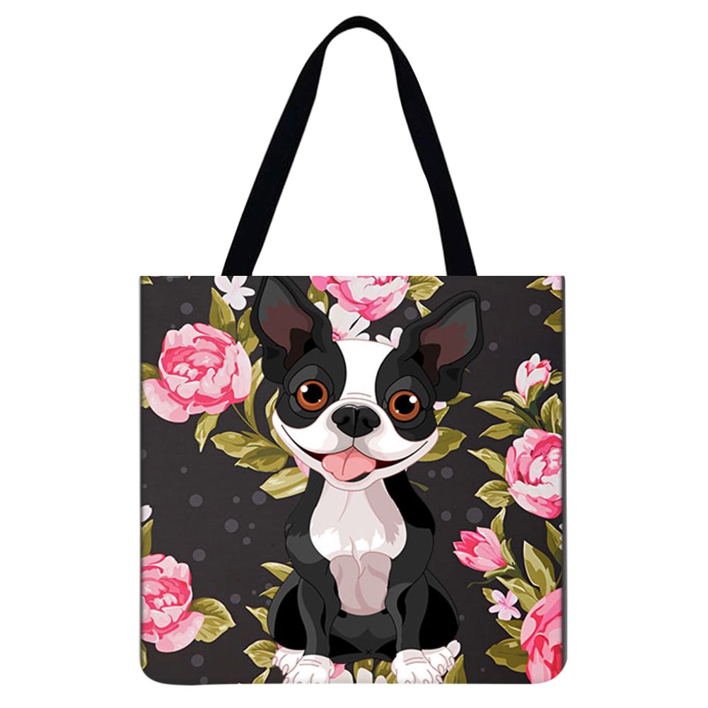 Linen Tote Bag - Flower Dog