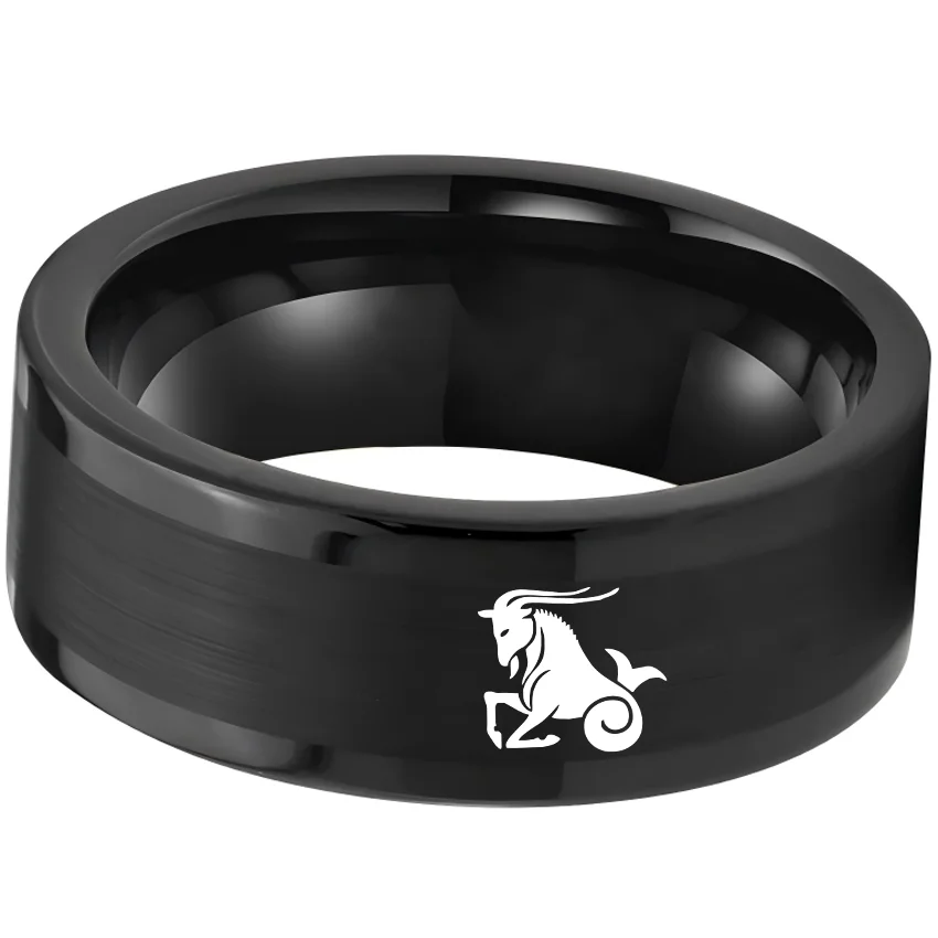 Men Women Black Capricorn Tungsten Carbide Rings Couple Wedding Band Flat Comfort Fit 4MM 6MM 8MM
