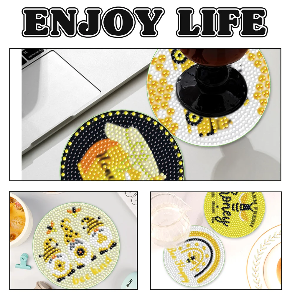 8pcs DIY Bee Diamond Crafts Coasters with Holder Wooden DIY Coaster
