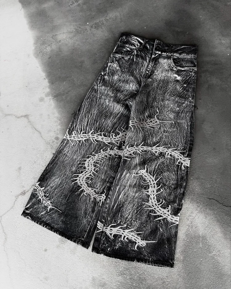 2025 Street Clothing Casual Jeans Men's Centipede Pattern Embroidery Juku Flared Denim Style Black Y2k Punk Aesthetic Wide Jeans