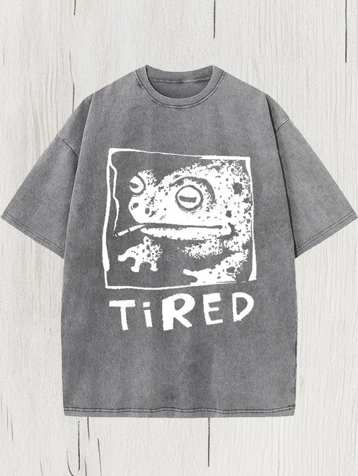 Men's Tired Frog Print Cotton Washed T-Shirt