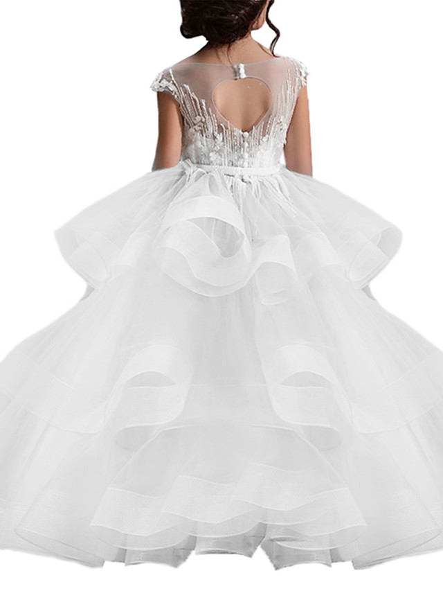 Bellasprom Ball Gown  Short Sleeve Lace Flower Girl Dresses Tulle with Lace Beading Ruffles Buttons Bellasprom
