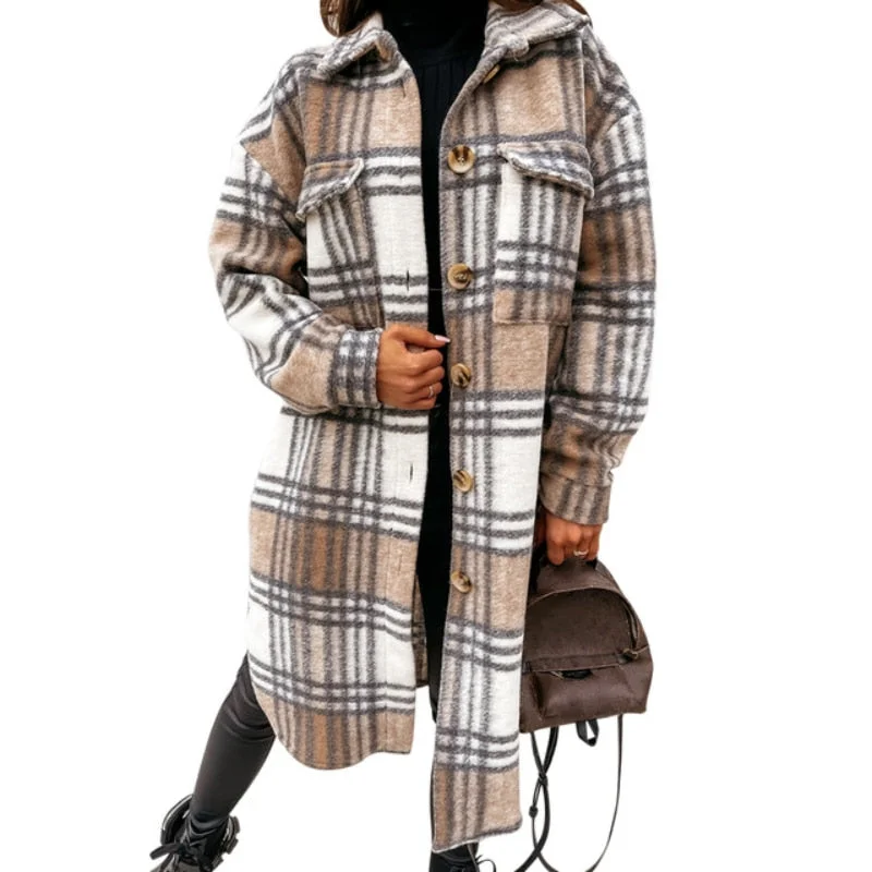 Winter Checked Jackets Coats Women Fashion Casual Oversized Turn Down Collar Long Outwear Thick Warm Woolen Blends Overcoats