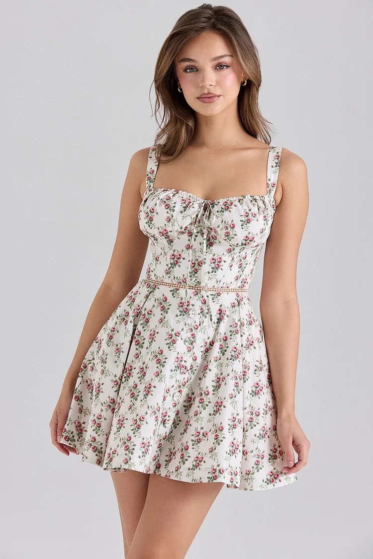 Ditsy Floral Print Cinch Waist Slip Mini Dresses-White [Pre Order]