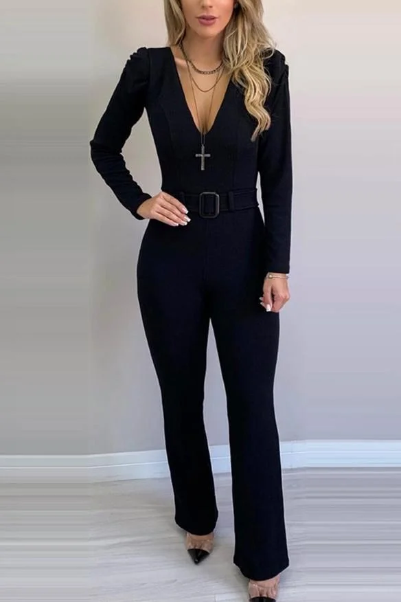 Fashion V-neck Puff Sleeve Jumpsuit