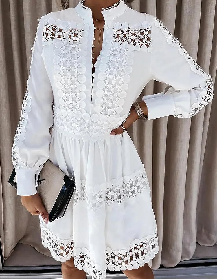 Long Sleeve Solid Color Lace Mini Dress
