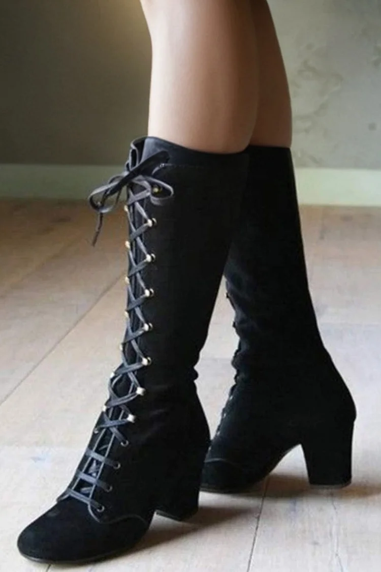 Vintage Black Lace Up Chunky Heel High Top Boots
