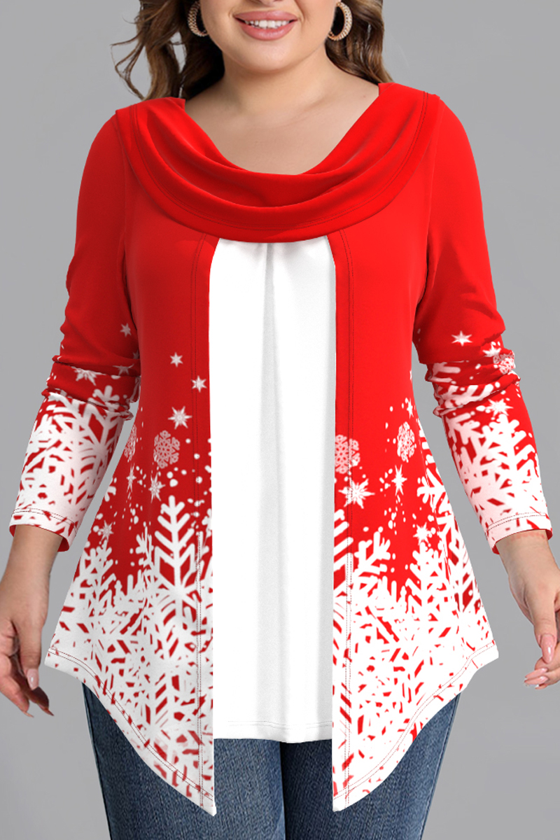 Flycurvy Plus Size Casual Red Ombre Snowflake Print Heaps Collar T-Shirt