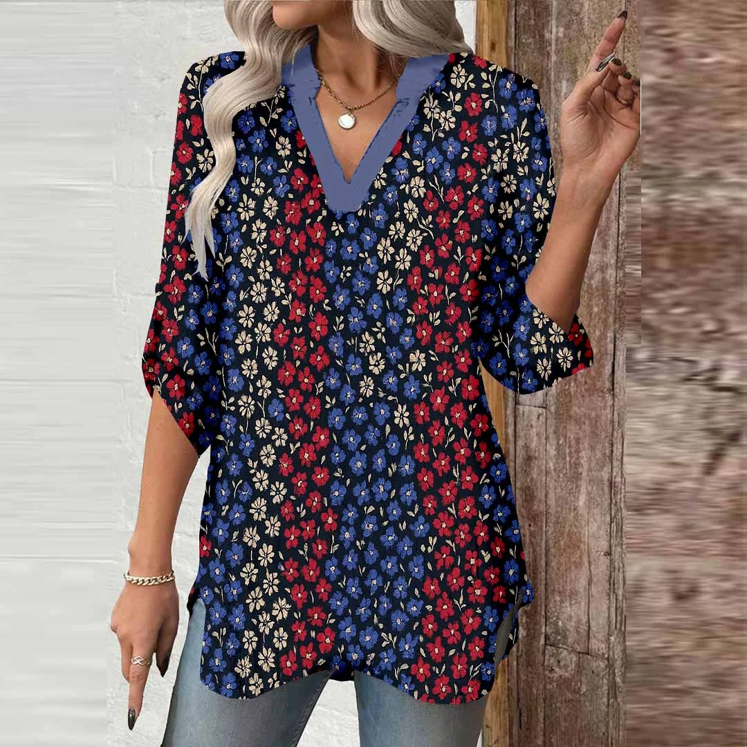 Women Polka Dot,  Red,  Blue DZGA0435 3/4 Sleeve V-neck Printed Graphic Button Tops