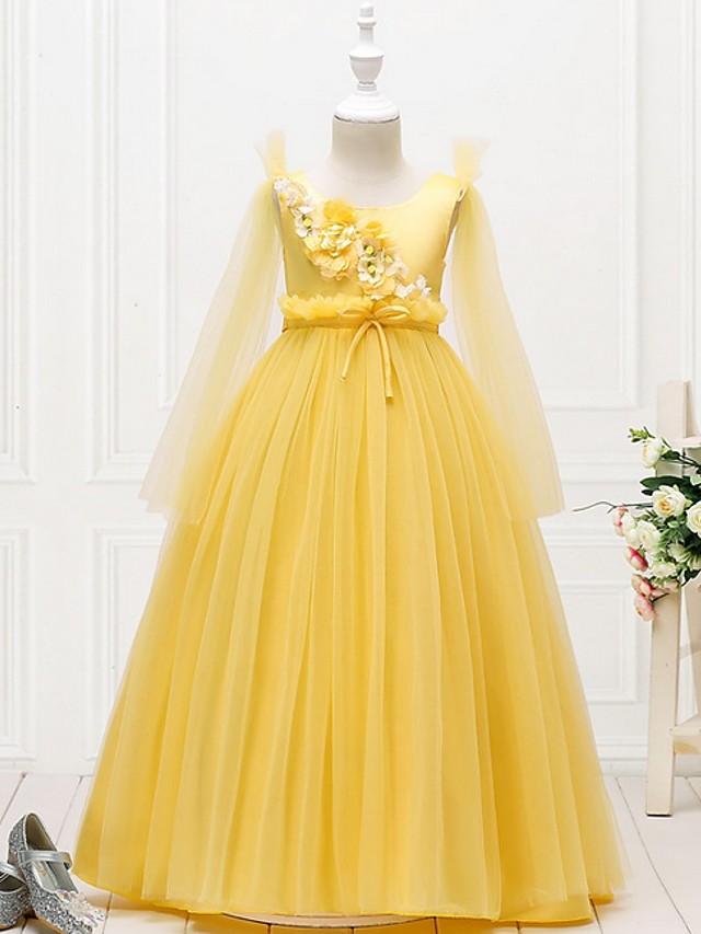 Half Sleeve Lace Neck Knee Length Jewel Ball Gown With Belt for Flower Girl Dress